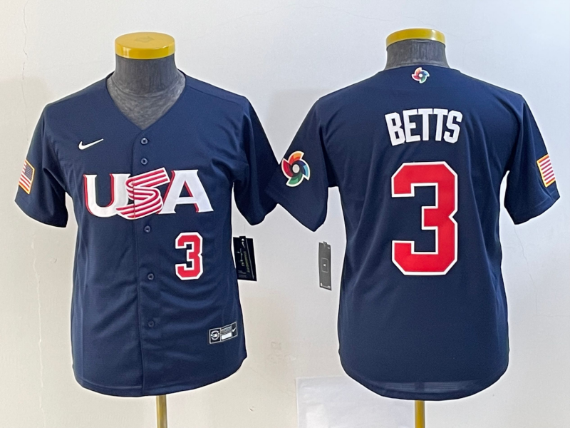 Youth USA Baseball #3 Mookie Betts 2023 Navy World Baseball Classic With Patch Stitched Jersey Youth USA Baseball #3 Mookie Betts 2023 Navy World Baseball Classic With Patch Stitched Jersey